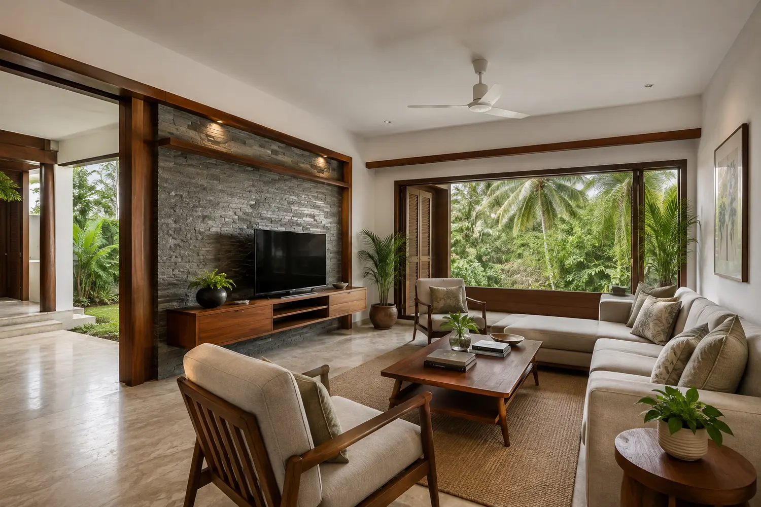 Modern Kerala living room with warm wood and natural stone