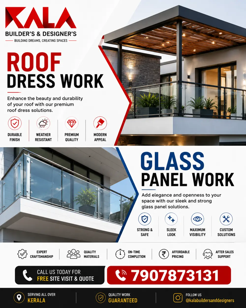 Roof & Glass Work service poster by Kala Builders and Designers